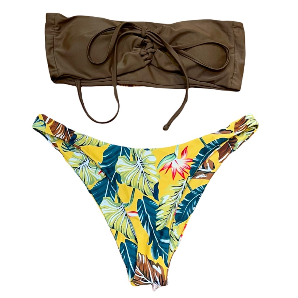 ZAFUL tropical print strapless lace up bikini size medium